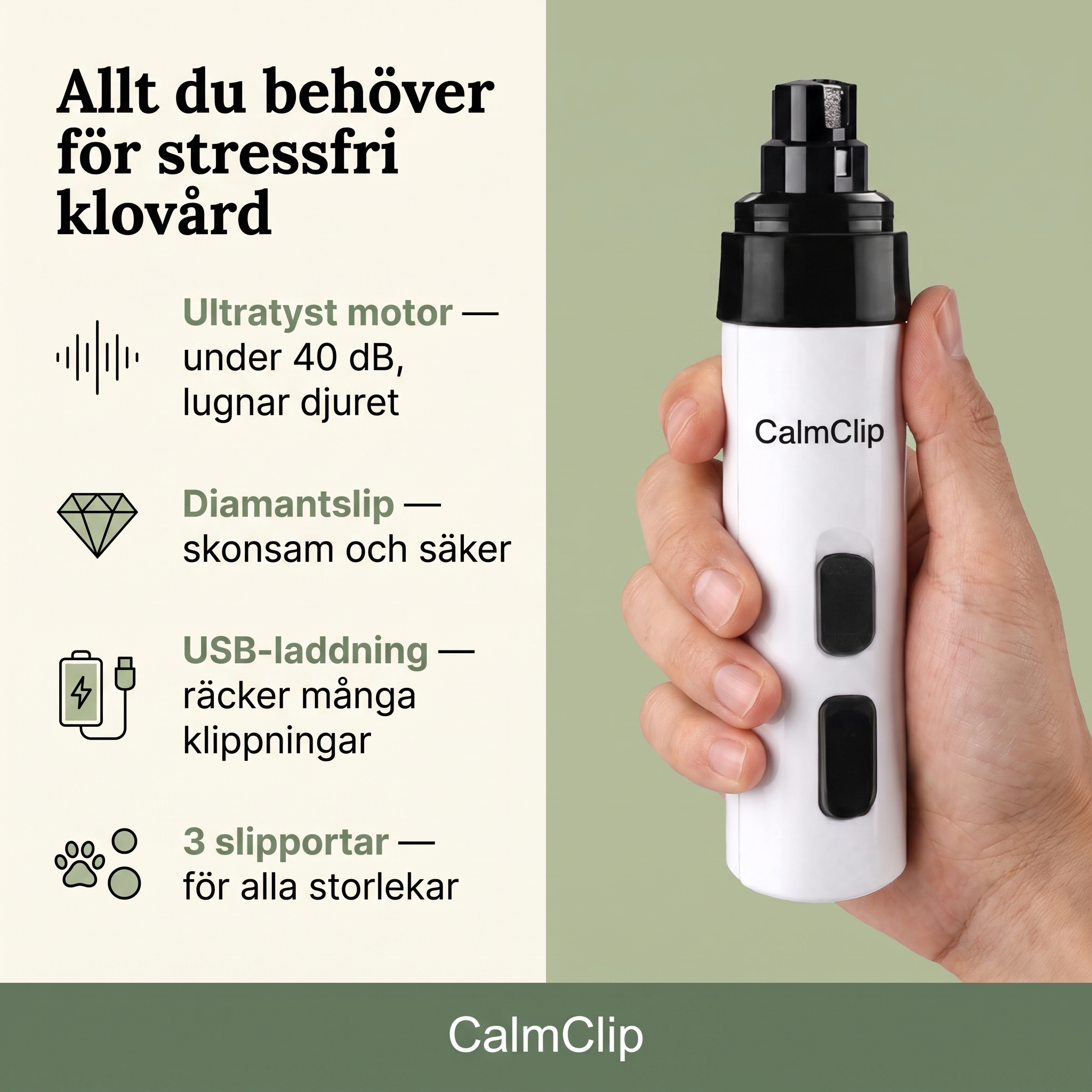 CalmClip funktioner – ultratyst motor, diamantslip, USB, 3 slipportar
